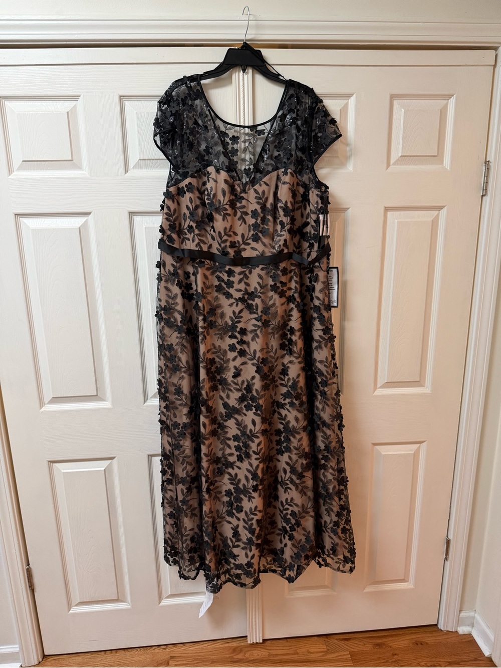 Xscape Black Floral Overlay Midi Dress with Nude Lining